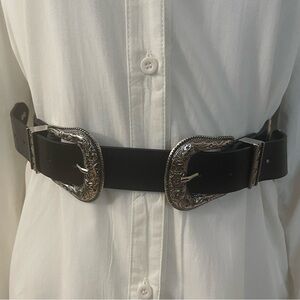Black PU leather distressed silver tone double buckle adjustable  skinny belt